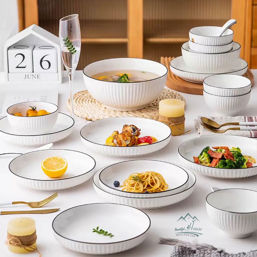 Bộ Bát Đĩa Gốm Sứ Cao Cấp Sứ Trắng Bo Viền - Mẫu 2