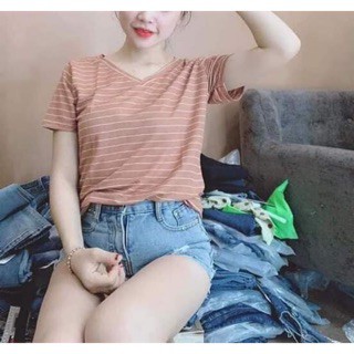 Áo Phông Kẻ Cổ Tim Chất Cotton Thấm Hút Mồ Hôi Cực Tốt AT28 - phamtrangredep shop