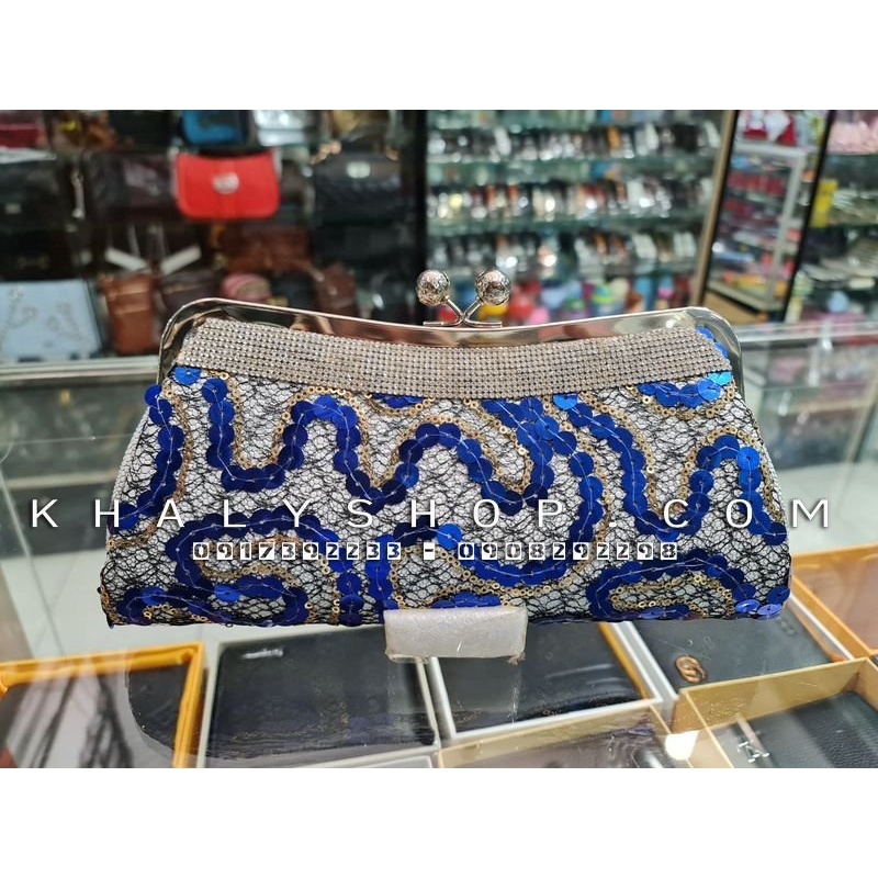 Bóp đầm clutch dạ hội dự tiệc sang trọng đeo chéo xách tay màu bạc kim sa xanh lấp lánh siêu xinh
