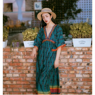 Váy Boho viền bông - V-neck Hairball Boho Dress