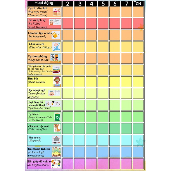 Bảng khen thưởng kỷ luật cho bé version 2/Bảng rèn luyện thói quen/Responsibilites chart/Bảng ghi nhận/Reward chart