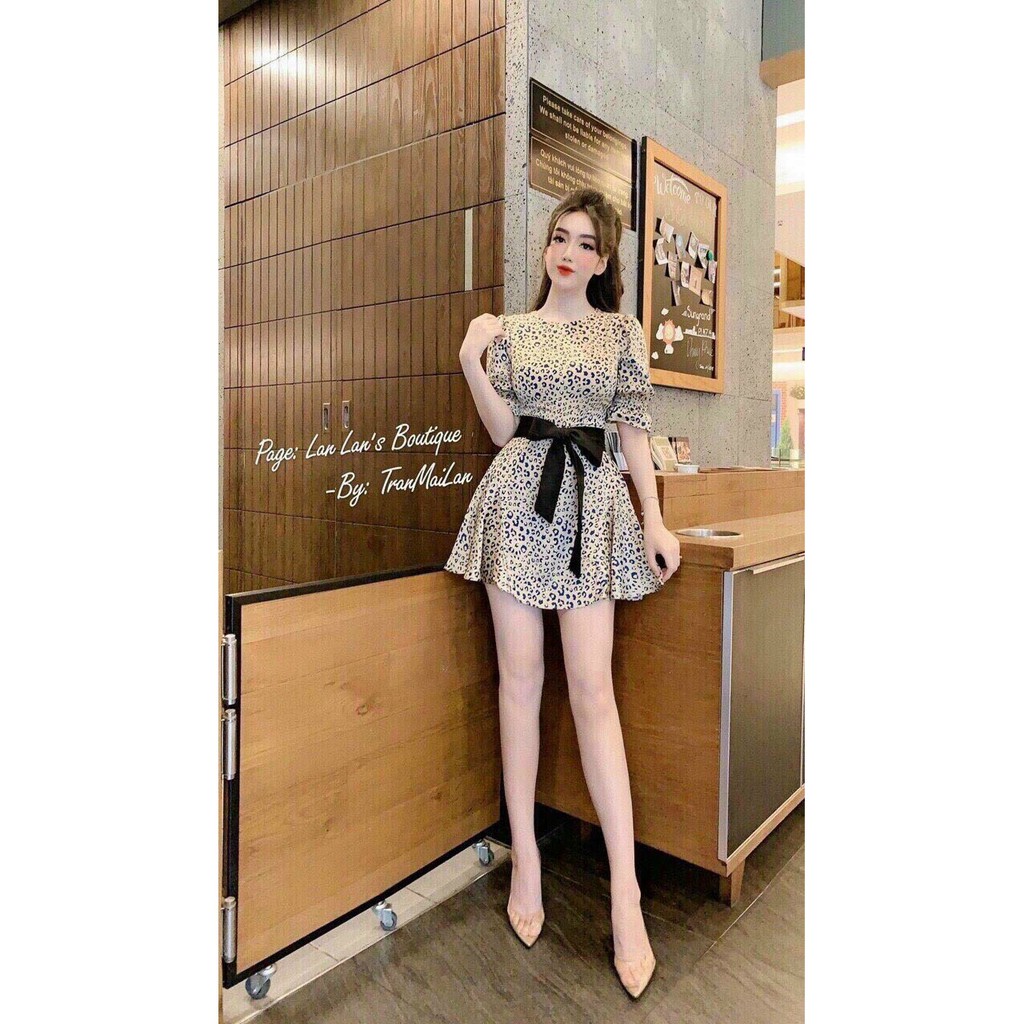 đầm ngắn phối dây eo kiểu beo vol lụa cổ tròn ngắn tay