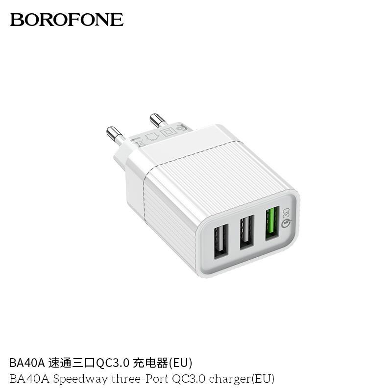 Cốc/Củ sạc nhanh QC 3.0 BOROFONE BA40A 3 cổng USB chính hãng, hỗ trợ sạc nhanh tối đa 18W