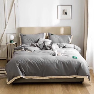 Set Chăn Ga Gối Cotton Lụa 60s Xám Phối Viền