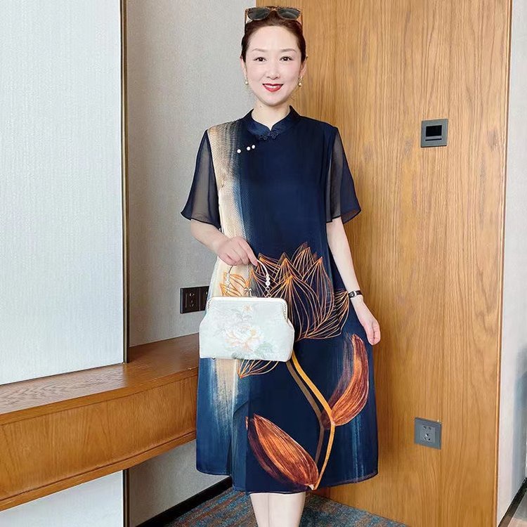 HangzhouĐầm Trung Niên Sang Trọng Đầm trung niên  Đầm Lụa Mulberry Dáng Rộng Ngắn Tay Cỡ Lớn Thời Trang Mùa Hè Cao Cấp 2022