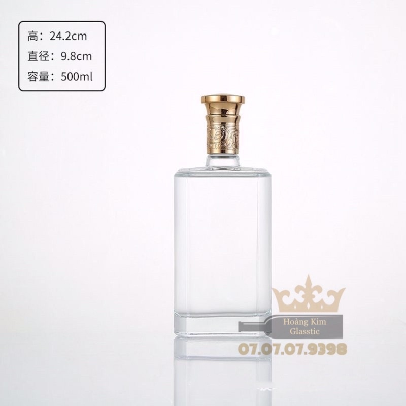 CHAI THUỶ TINH 500ml CHAI DẸP VUÔNG NẮP NHẤN đựng rượu