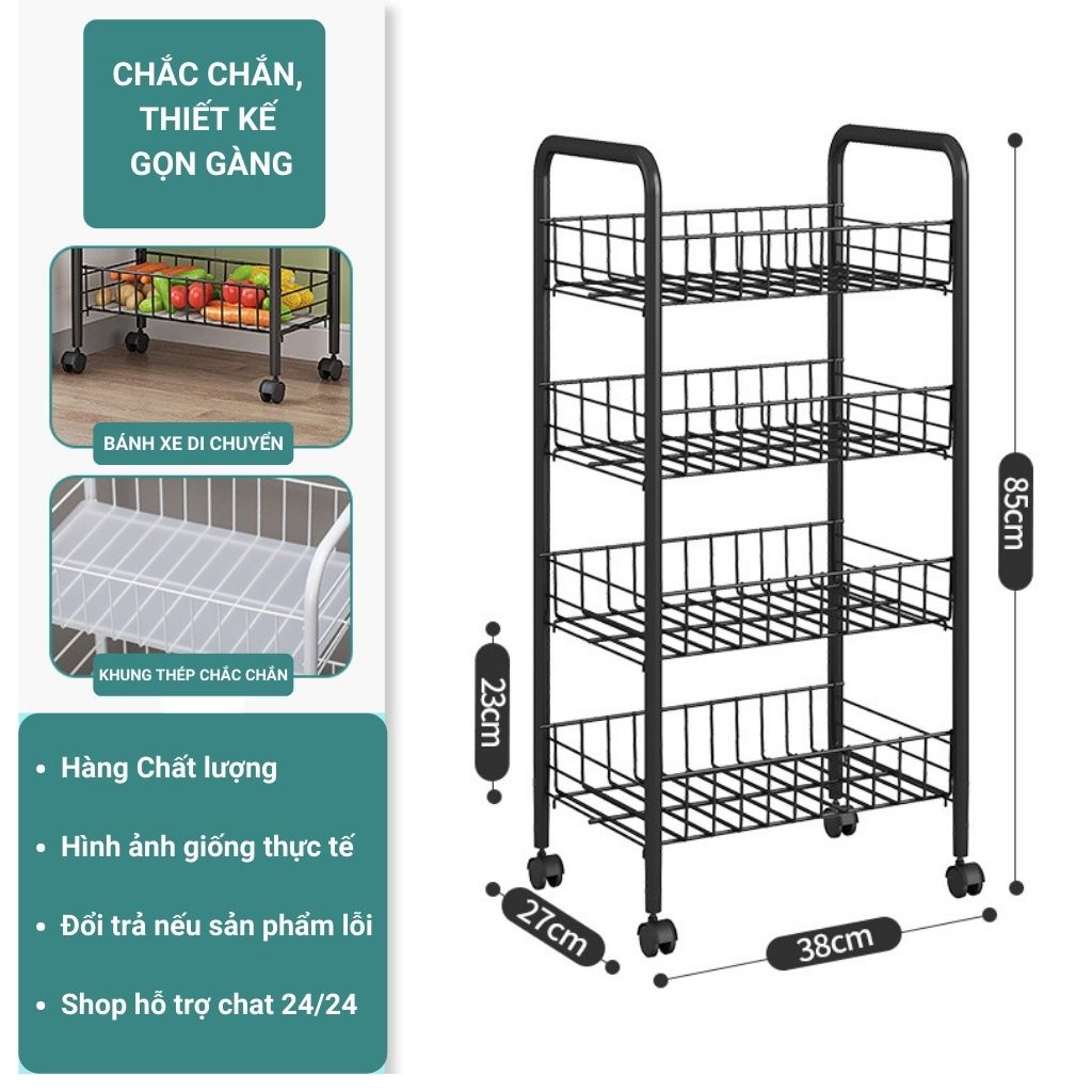 Kệ đa năng 3,4 tầng, kệ để đồ bằng sắt, song có 4 bánh xe cho phòng khách, phòng ngủ