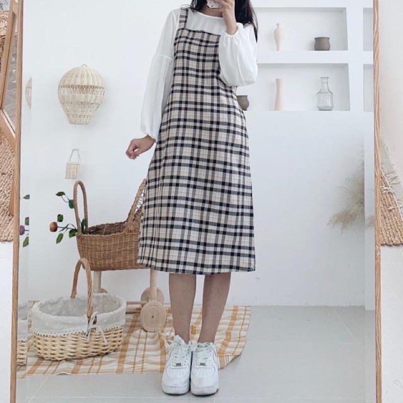 SV007 Set áo trắng tay bồng yếm 2 dây màu be kẻ caro Bộ váy hai dây dài qua gối áo sơ mi không cổ Ulzzang cute trẻ đẹp