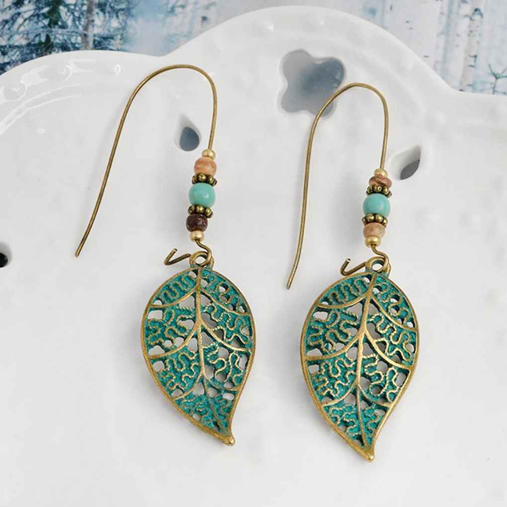 1 Pair Women Ethnic Leaf Earring Girl Stone Dangle Earrings Vintage Bohemian Drop Earrings Lady Jewelry  【broxah】