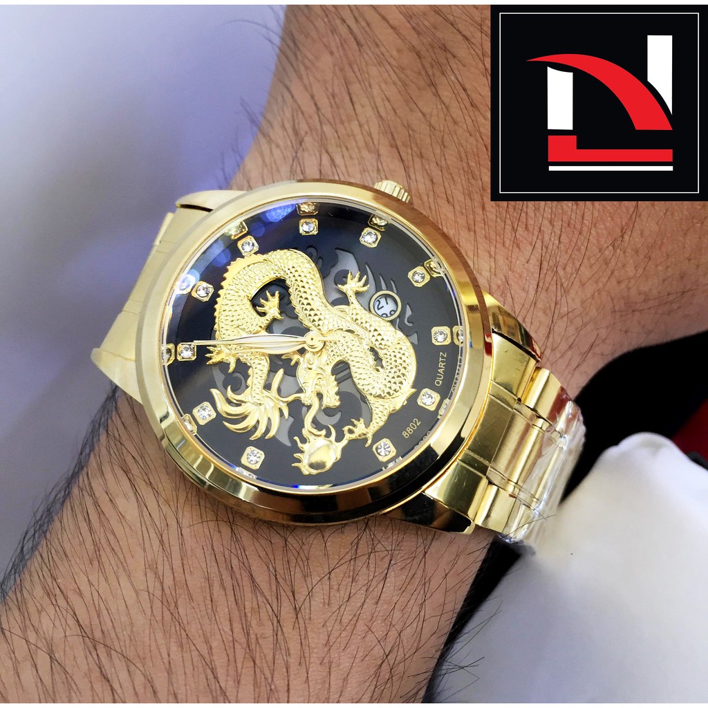 Đồng hồ Nam chạm rồng vàng BOSCK chính hãng - Đồng hồ rồng mặt đen