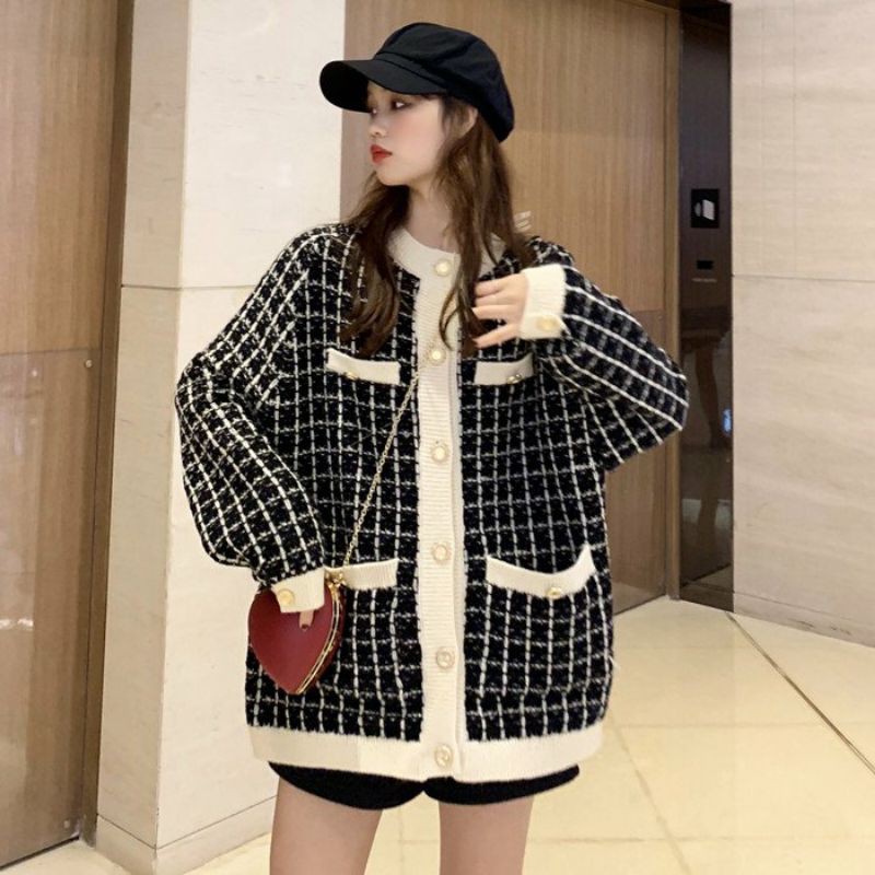 Hàng Sẵn_ Áo khoác Cardigan dáng rộng áo dạ tweed phong cách Hàn