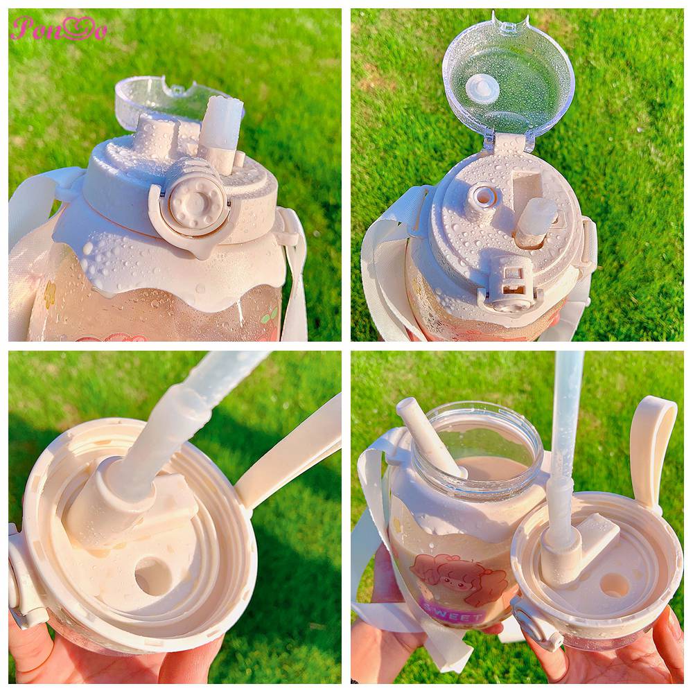 Bình Nước Hoạt Hình Dung Tích 1300ml Có Dây Đeo Tích Hợp Ống Hút Kèm Nhãn Dán Siêu Dễ Thương