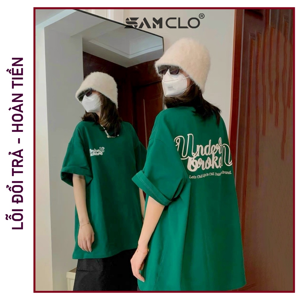 Áo thun nam nữ tay lỡ SAM CLO phông form rộng dáng Unisex - áo lớp, nhóm, couple in chữ UNDER BROKEN màu xanh rêu