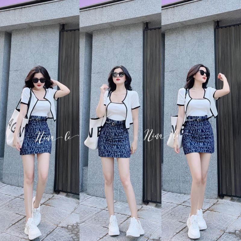 Set 3 món Áo Quây kèm áo khoác nhẹ dáng croptop kèm chân váy in siêu dễ thương