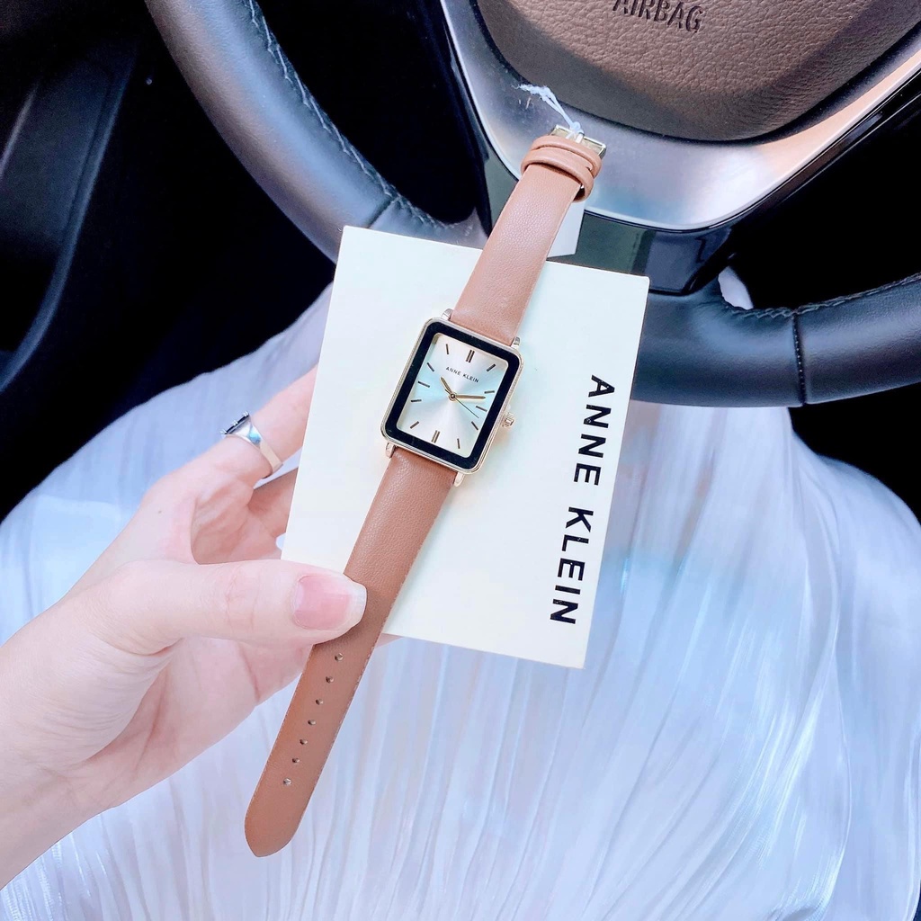 Đồng hồ nữ Anne Klein mặt chữ nhật, dây da nâu AK/3702CHHY