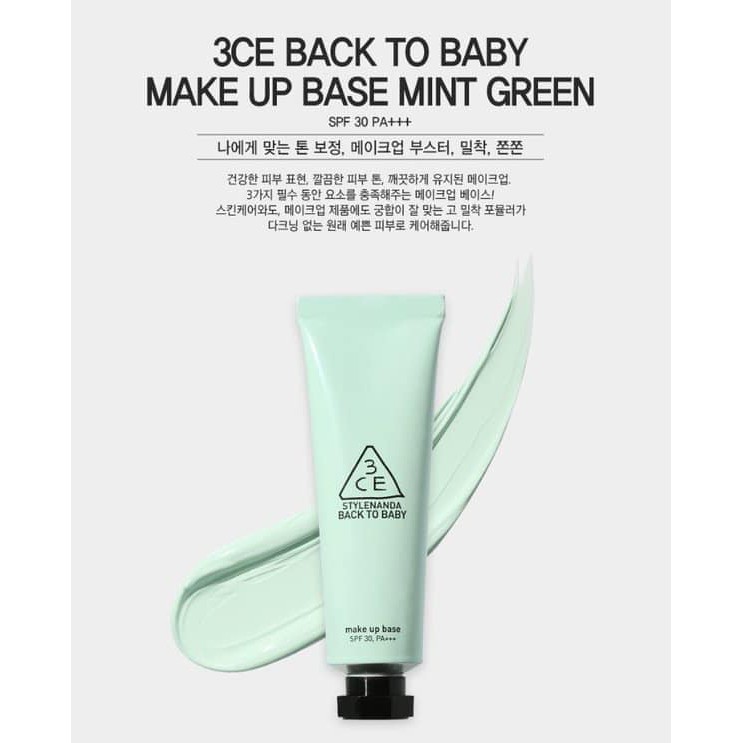 Kem Lót 3CE Back To Baby Make Up Base Mint Green xanh lá 30ml