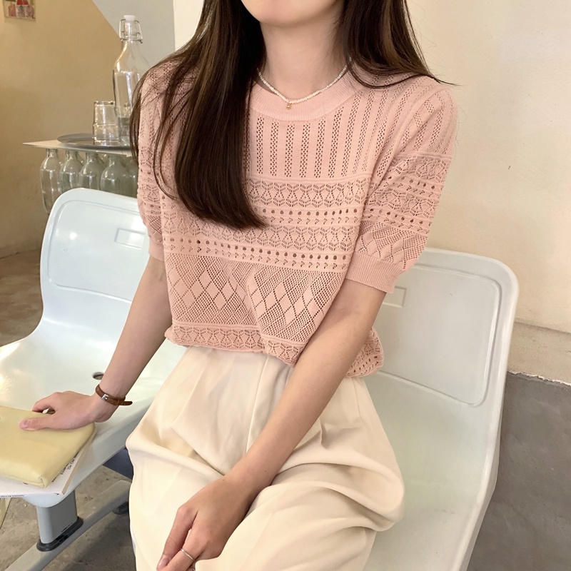 Áo len móc ZHELIHANGFEI tay ngắn dễ phối đồ hợp thời trang dành cho nữ