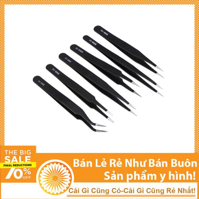 Bộ 6 Cây Nhíp Kẹp Linh Kiện Điện Tử Chống Tĩnh Điện Màu Đen