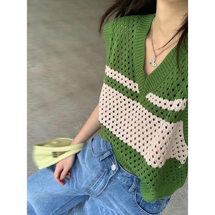 HUANG YOYO Áo Ghi Lê Không Tay Cổ Chữ v Khoét Rỗng Phong Cách Mỹ Thời Trang Hàn Quốc Cho Nữ