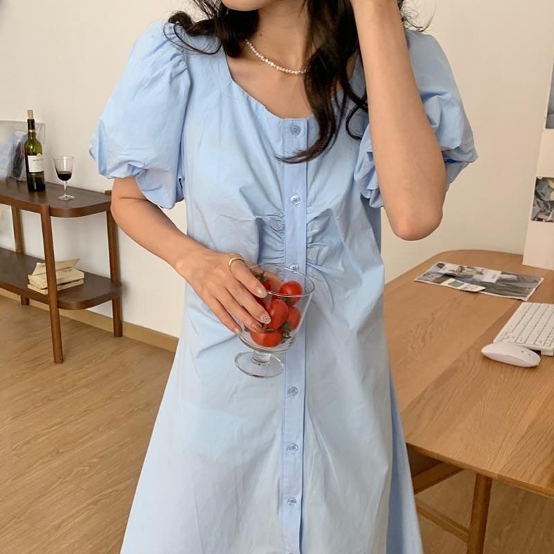 Phiên bản mùa hè Hàn Quốc mới 2021 váy mỏng, sinh viên siêu bất tử cổ vuông, tay áo bong bóng xếp ly, váy trắng | BigBuy360 - bigbuy360.vn