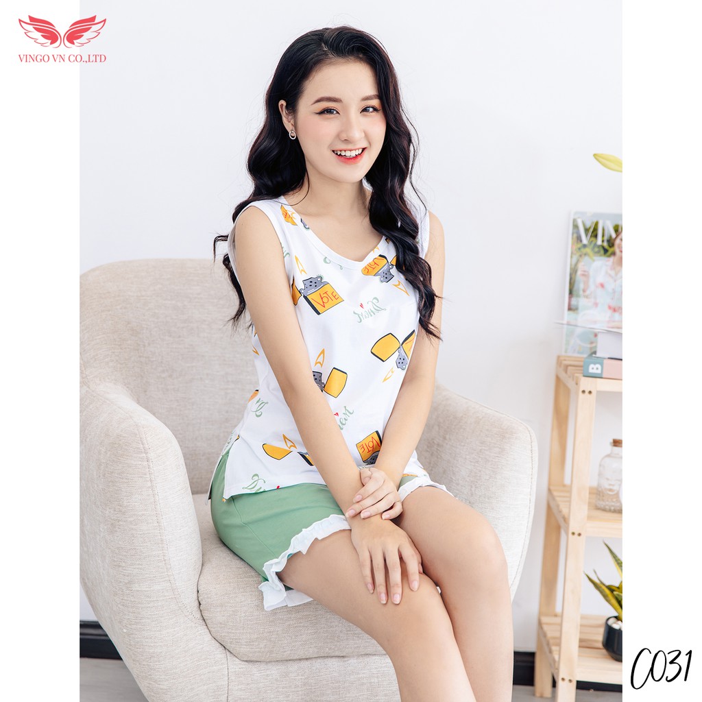 Đồ Bộ Nữ Pijama Mặc Nhà VINGO Chất Cotton Thoáng Mát Áo Ba Lỗ Sát Nách Họa Tiết Quần Cộc Xanh Viền Bèo Mùa Hè C031 VNGO