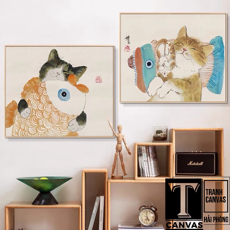 (Giá Xưởng) Tranh Canvas treo tường phòng khách, tranh hiện đại nghệ thuật, tranh vẽ con Mèo MEO 21-24 (không khung)