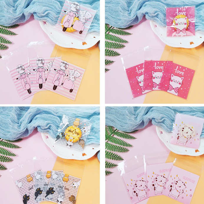 Bộ túi đựng bánh kẹo tự dính 7x7cm in hình đẹp mắt