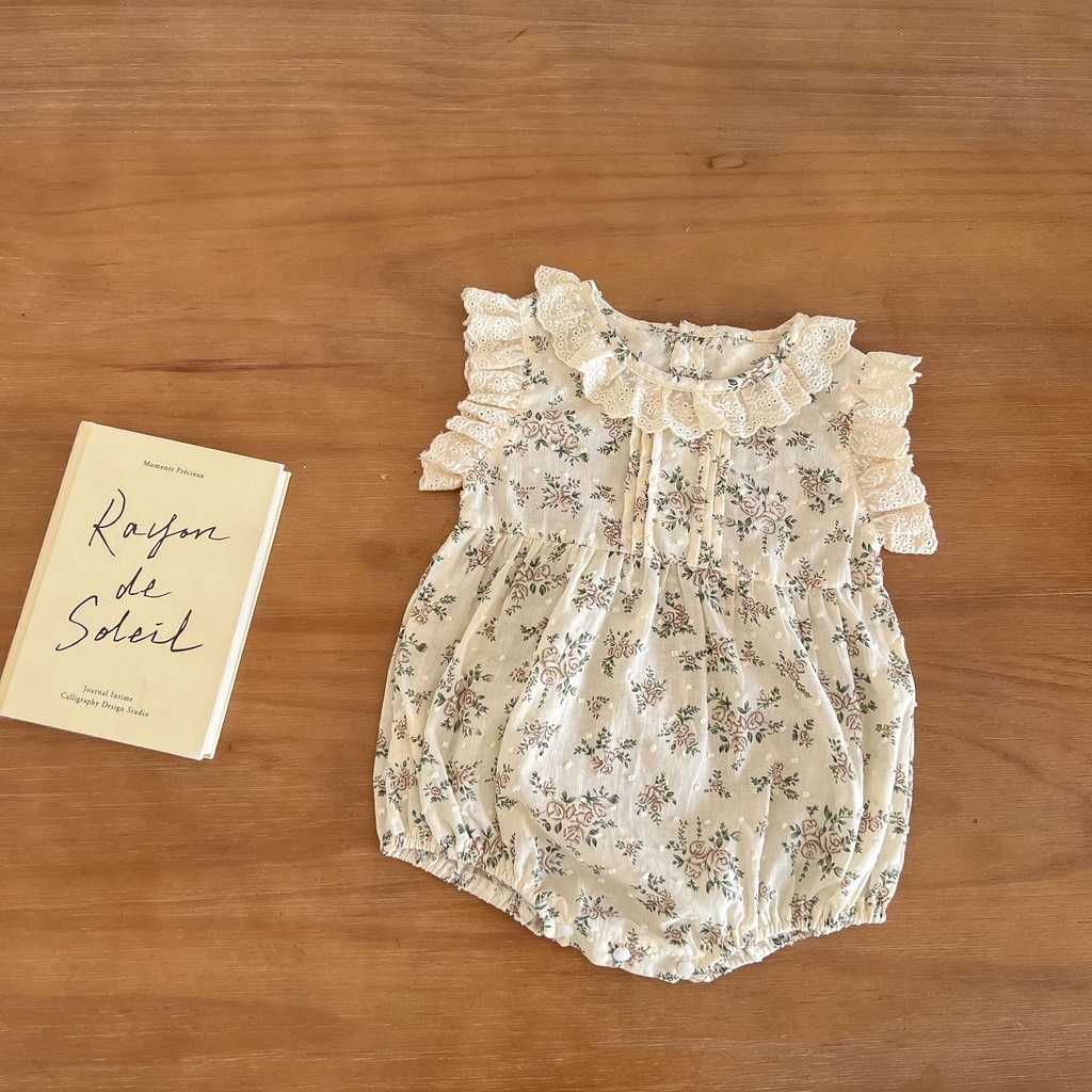Bộ Áo Liền Quần Bằng Cotton Phối Ren Hoa Dễ Thương Dành Cho Bé Gái