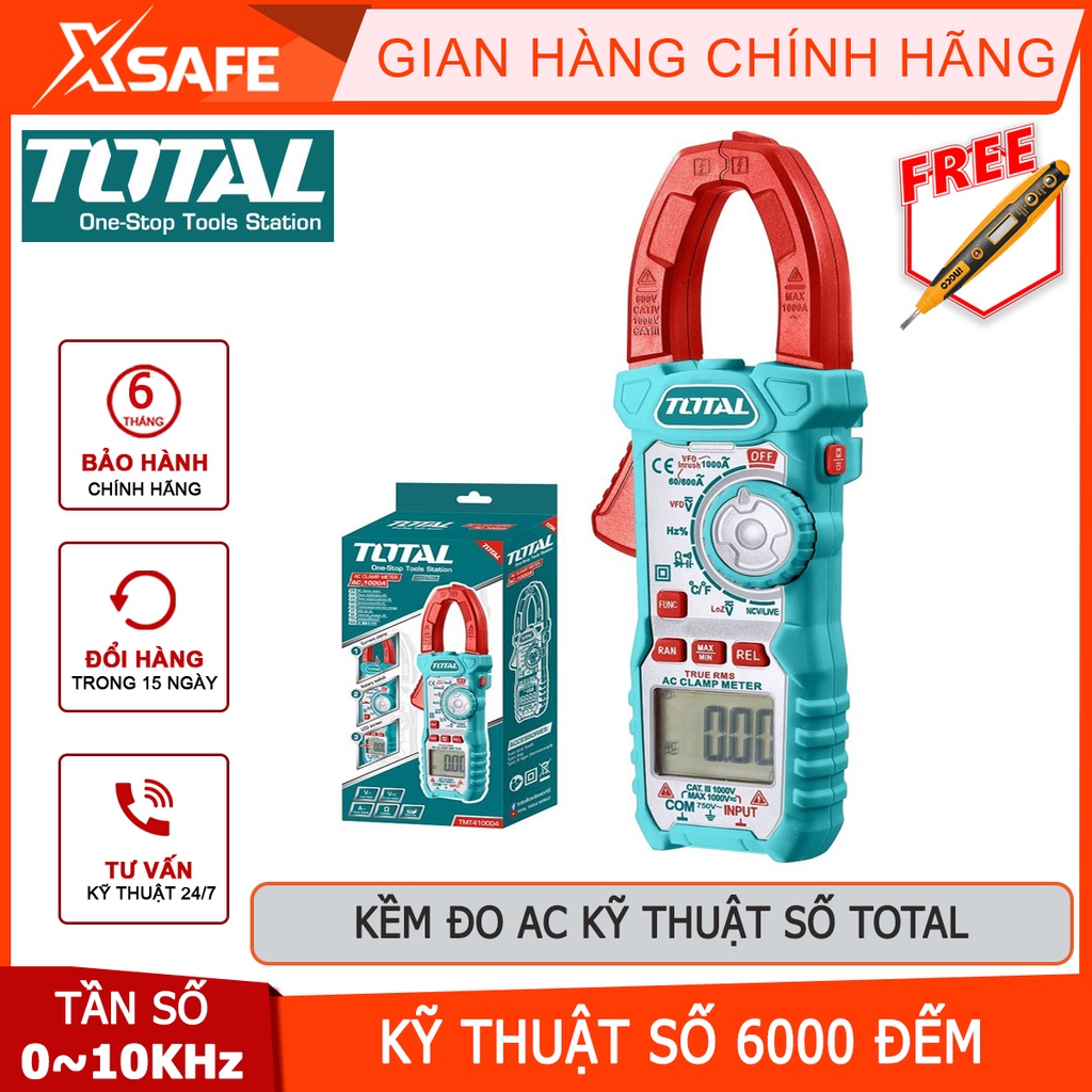 Ampe kìm TOTAL TMT410004 kềm đo AC kỹ thuật số Dòng điện AC 60A, 600A, 1000A, Tần số 0~10KHz