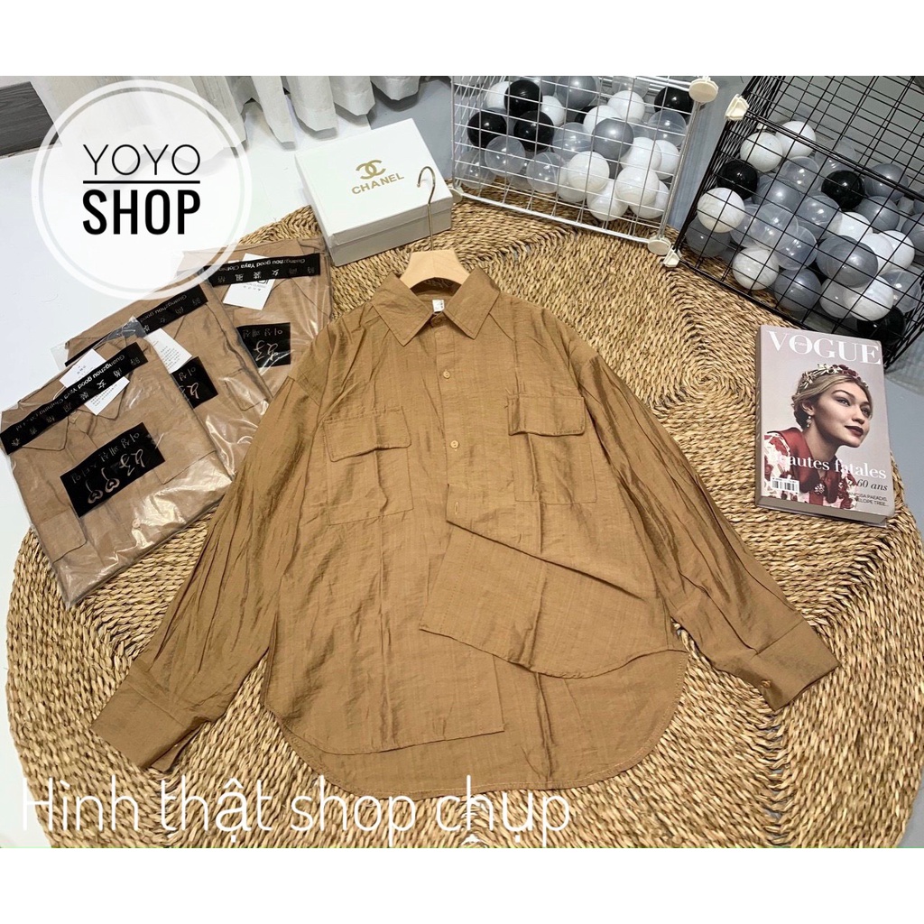 Sơ mi trơn đũi thụng phom rộng trơn oversize 2 nắp túi dài tay, sơ mi trắng nữ xinh xắn YoYo