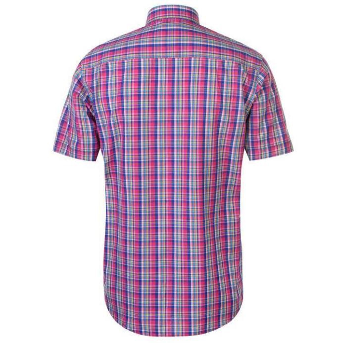 [100% Cotton - Sale] Áo sơ mi ngắn tay Pierre Cardin Check Short Sleeve Shirt Mens (Pink/Blue - Size EU - UK)