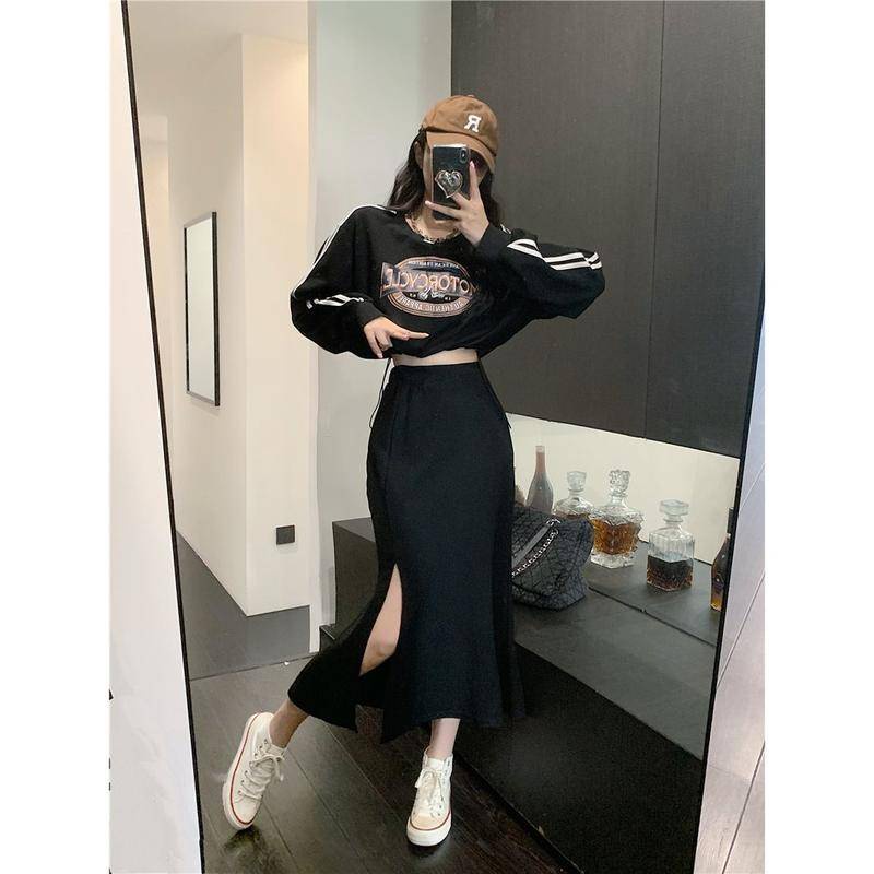 Áo Len Ngắn Dây Rút Váy Xẻ Eo Cao Bộ Đồ Hai Mảnh Thời Trang Cho Nữ