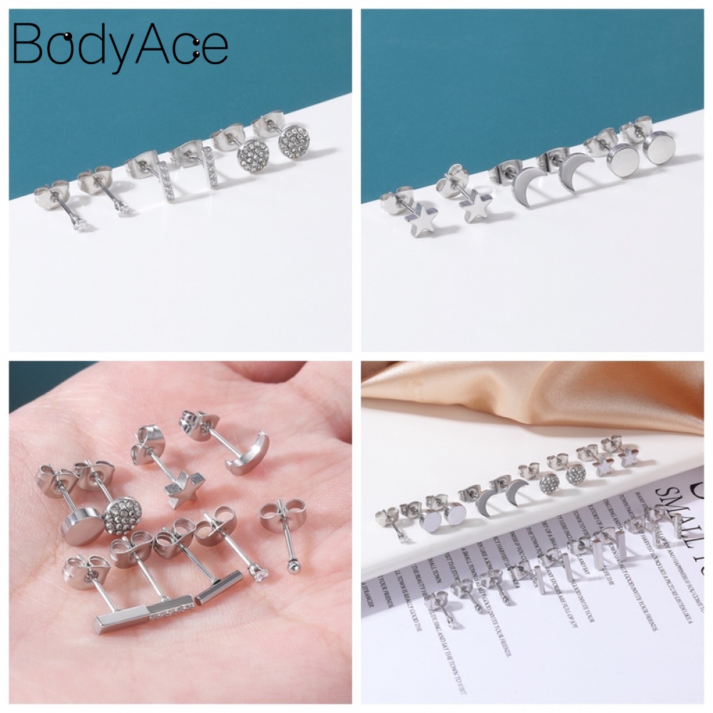 Set 8-22 Khuyên Tai Thép Không Gỉ Hình Ngôi Sao, Trái Tim, Mặt Trăng