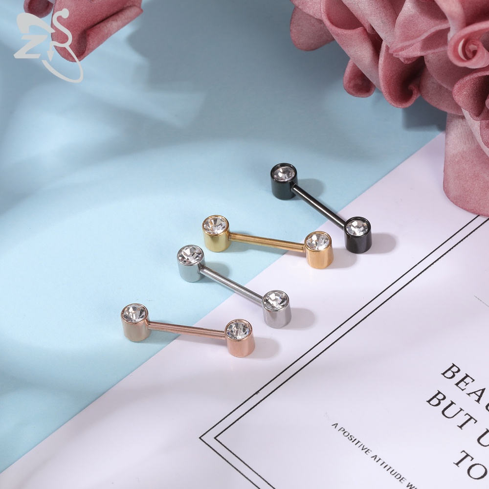 Khuyên lưỡi bằng thép không gỉ đính pha lê 14g 4 màu sắc