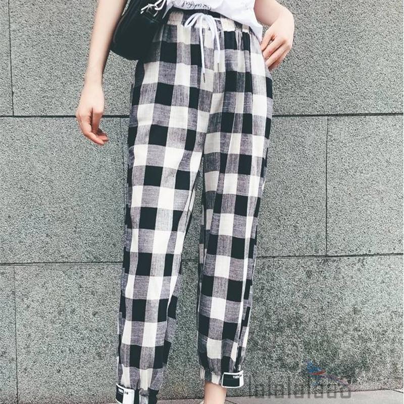 LAA8-Female Trousers, Women’ s Plaid High Waist Long Harem Pants with Drawstring for Spring Summer, S/M/L/XL/XXL