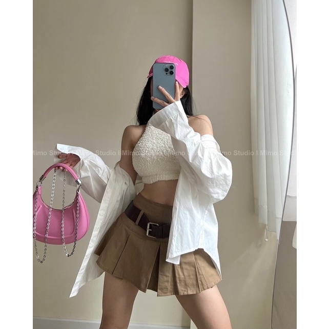 Váy kaki nâu kèm belt - blazer hồng oversize