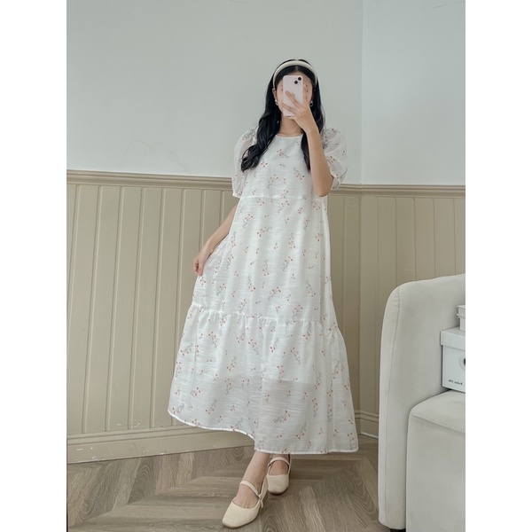 D16 - Đầm babydoll tơ hoa cam