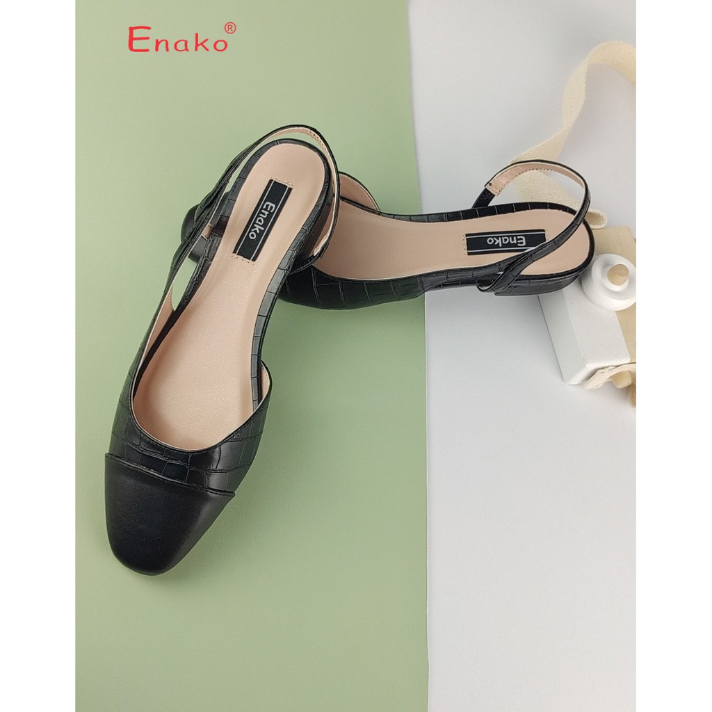 Giày sandal đế bệt bít mũi hở gót phối nỉ đen thời thượng Enako TP13505