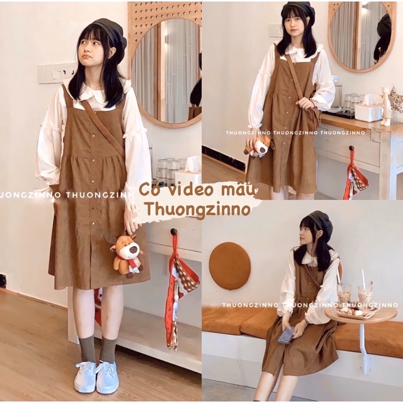 [Ảnh thật/Video]Set Yếm nhung Zmin gồm áo và váy dáng dài ulzzang, chất liệu nhung tăm