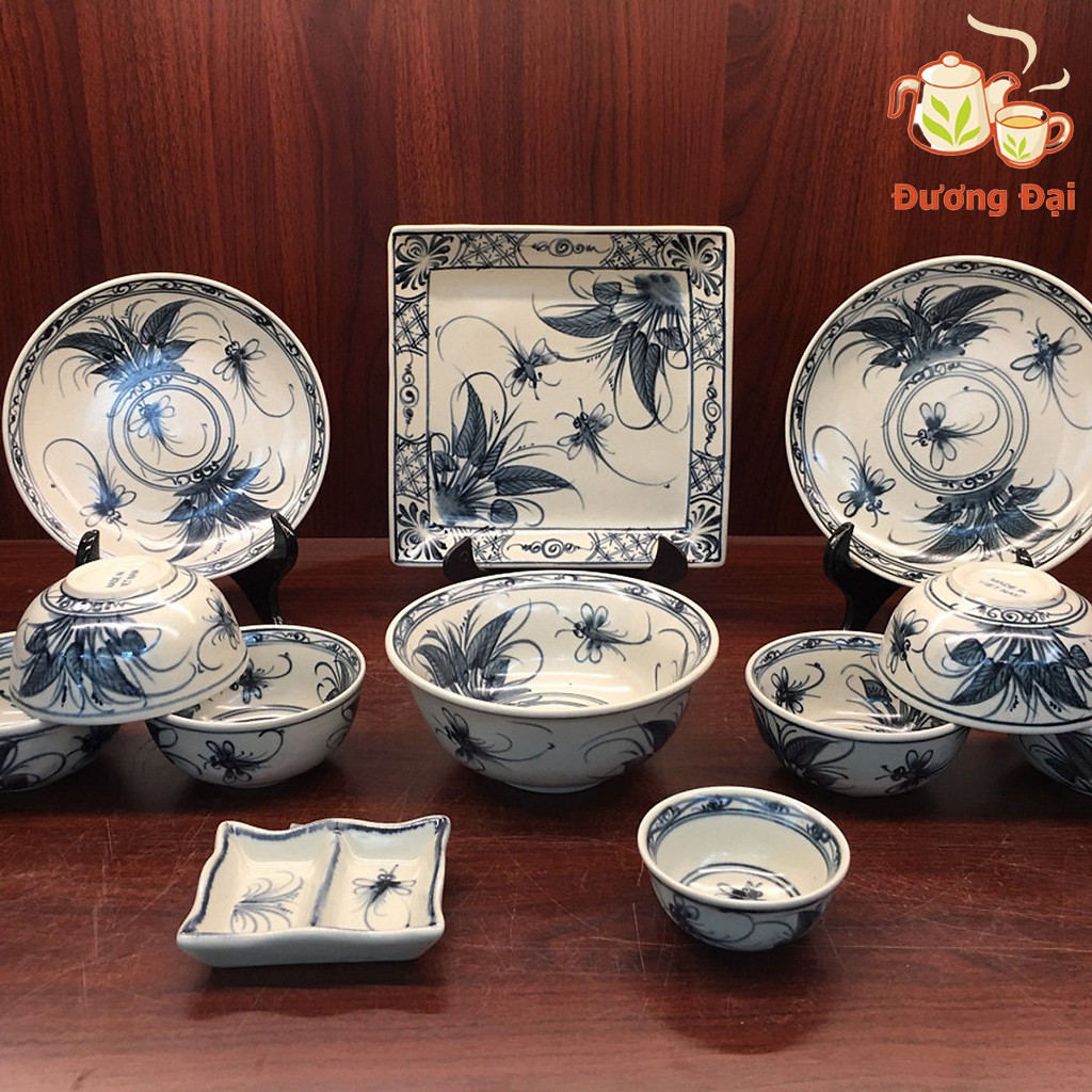 Bộ 12 Sản Phẩm Tô Bát Đĩa Vẽ Chuồn Chuồn Rạn Cao Cấp Gốm Sứ Bát Tràng Đương Đại