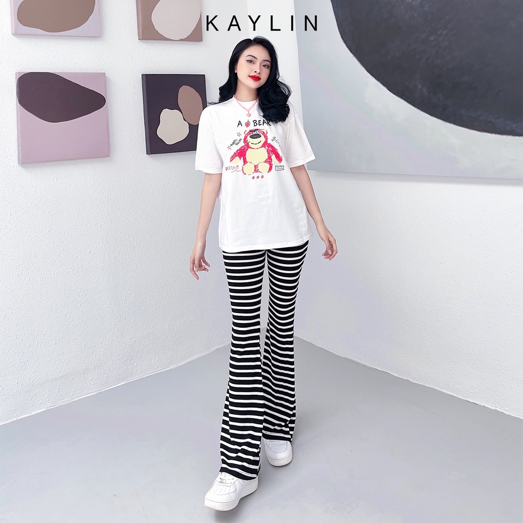 Set áo thun nữ mix quần loe sọc freesize trắng đen thời trang KAYLIN - N1689