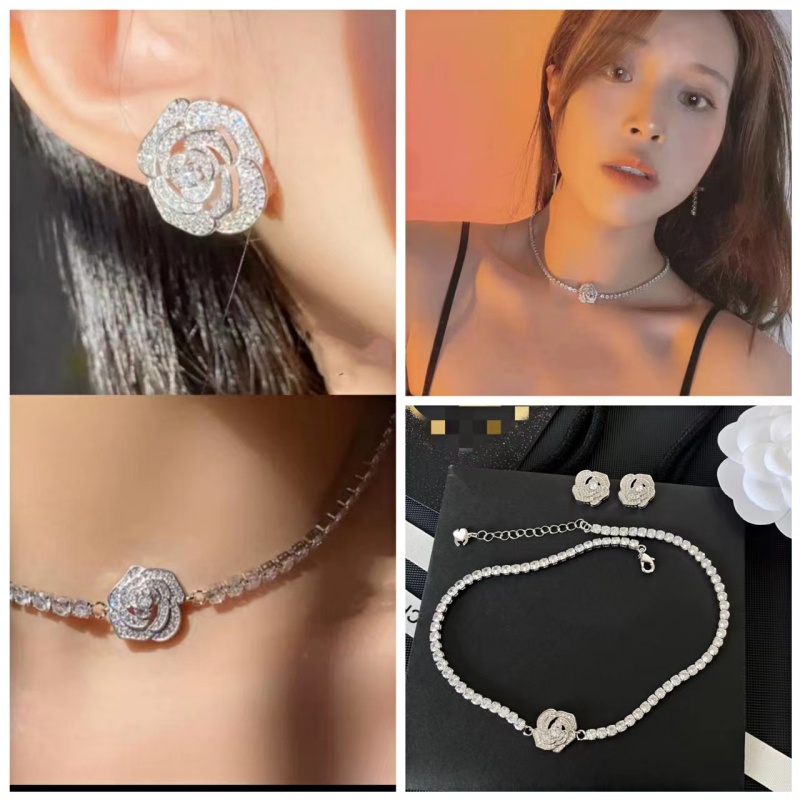 {Boutique Spot} Bộ Dây Chuyền Và Bông Tai Hình Hoa Trà Dát Kim Cương Phong Cách Retro Hàn Quốc 2022 Mới Thanh Lịch Không Phai Màu Cho Nữ