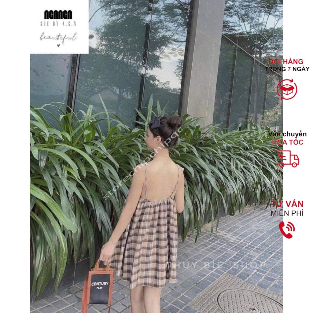 Đầm 2 Dây Caro Babydoll Dáng Lỡ Hở Lưng dưới 60kg - Váy Nữ Xòe Kẻ Caro [giá rẻ\]