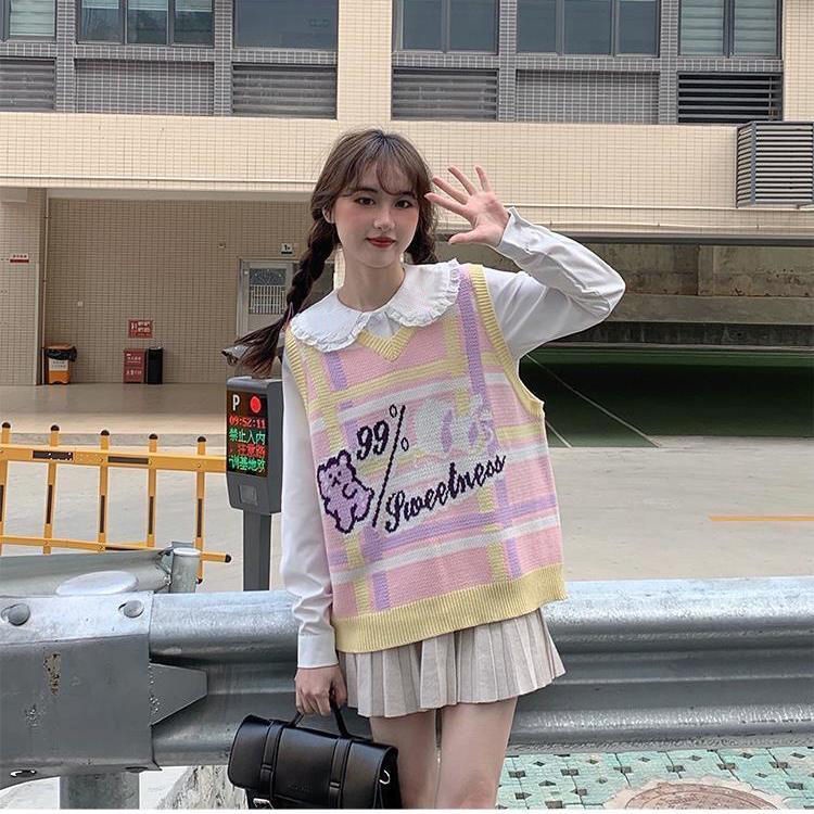 Áo dệt kim không tay in hoạt hình đáng yêu thời trang Nhật Bản