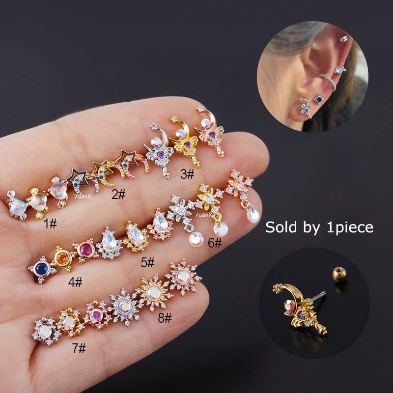 Khuyên tai thép không gỉ dài 6mm dày 20 đính kim cương nhân tạo nhiều màu lựa chọn