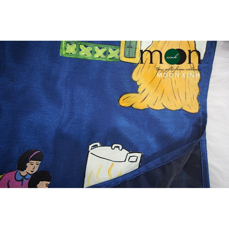 Áo dài cách tân cho bé trai vẽ tay thủ công VNS 264 Moon Xinh - Màu xanh - Gấm taffeta - Full size 8kg-65kg