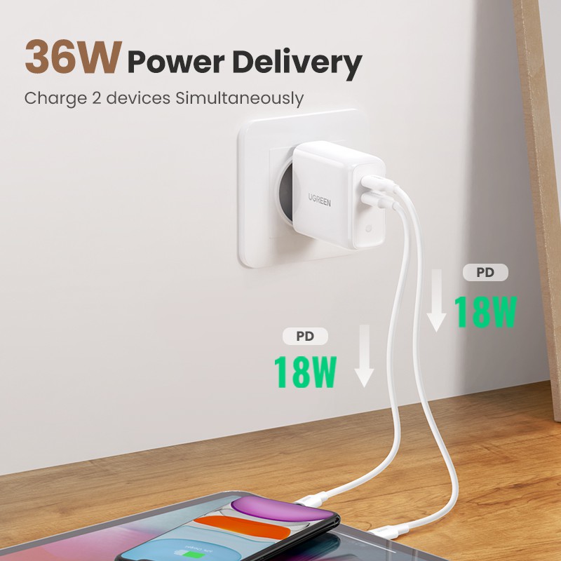 Củ Sạc UGREEN PD36W USB PD 4.0 3.0 Cho iPhone 11 Pro XS Macbook iPad QC 3.0 USB Type C