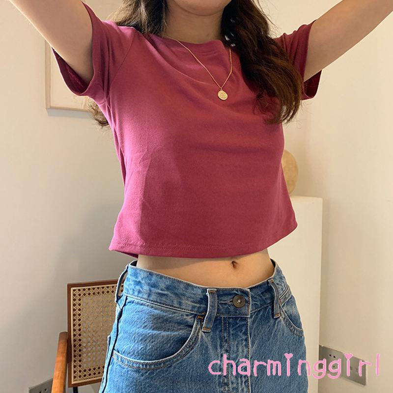Áo Thun Croptop Tay Ngắn Cổ Tròn Màu Sắc Đơn Giản Dành Cho Nữ