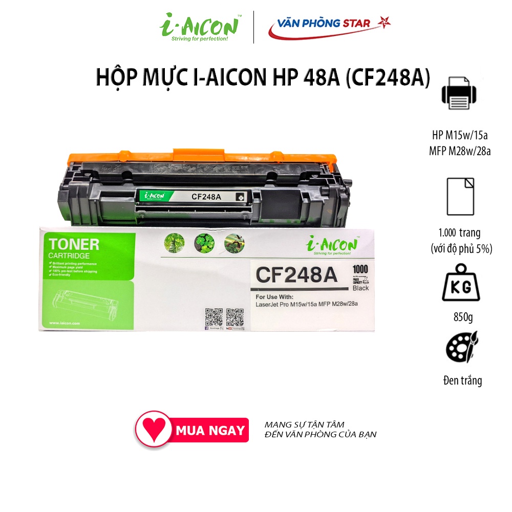 Hộp mực in HP 48A (CF248A) chính hãng I-AICON dung lượng 1000 bản, chứng nhận CO/CQ. CAM KẾT CHẤT LƯ