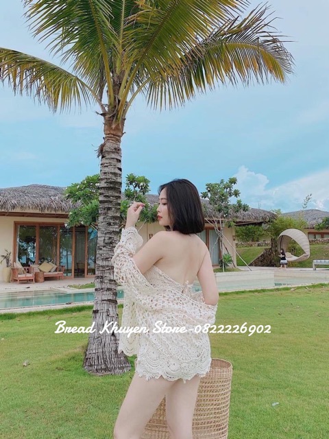 Set biển mới - set 3 món - áo bra vây cá + quần ren hoa đều + choàng ren hoa tay rộng